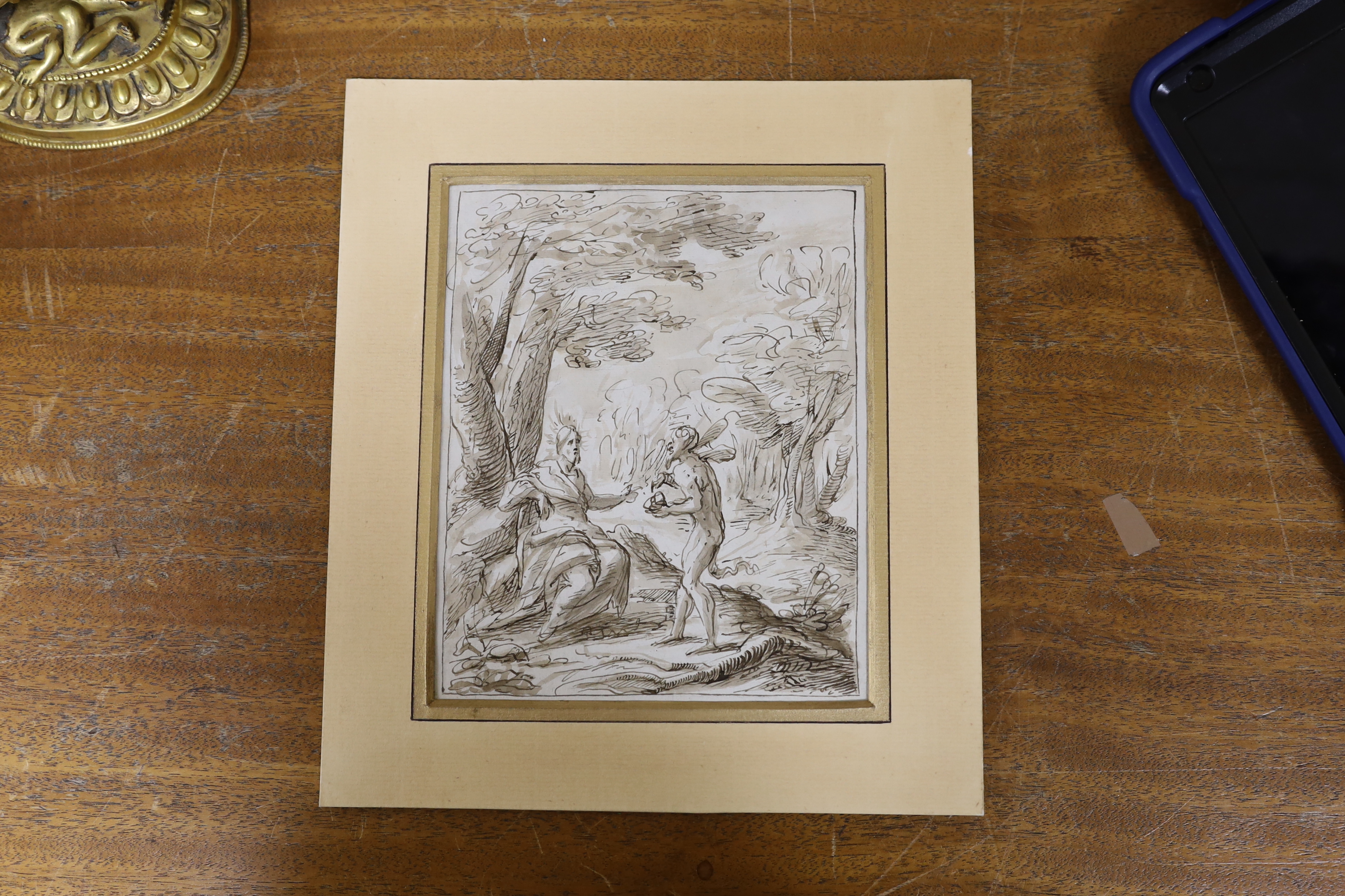 18th century Dutch, old master Italianate ink, 'Temptation of Jesus', mounted, unframed, 22 x 17cm